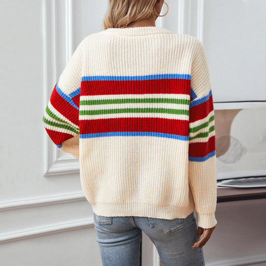 Damen lockerer Strickpullover mit buntem Blockstreifen und Rundhalsausschnitt EB