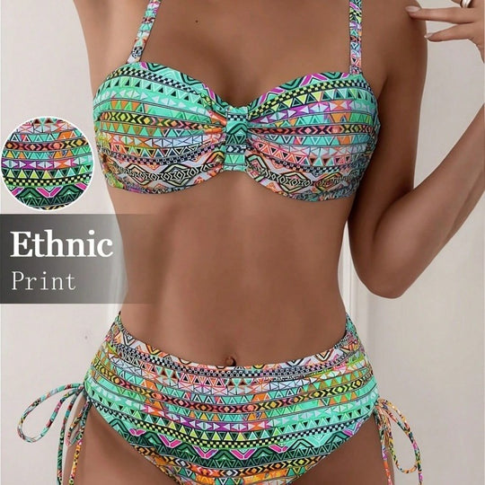 Damen Bikini-Set mit ethnischem Druck und verstellbaren Trägern EB