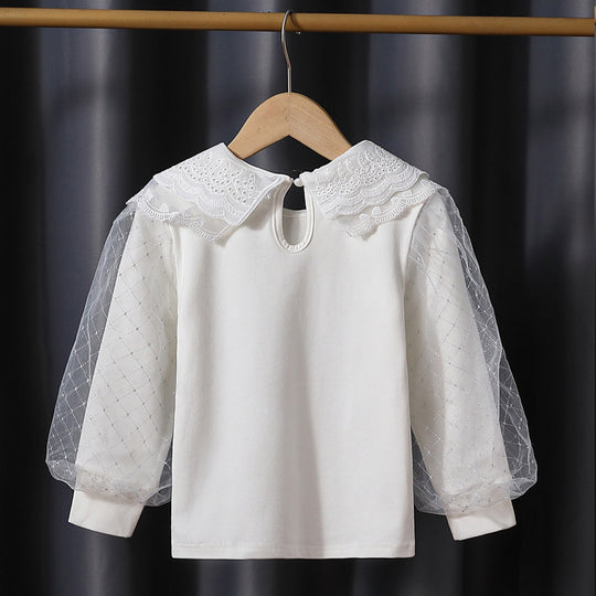 Mädchen modische Bluse mit eleganten Tüllärmeln und kunstvoller Spitzenverzierung EB