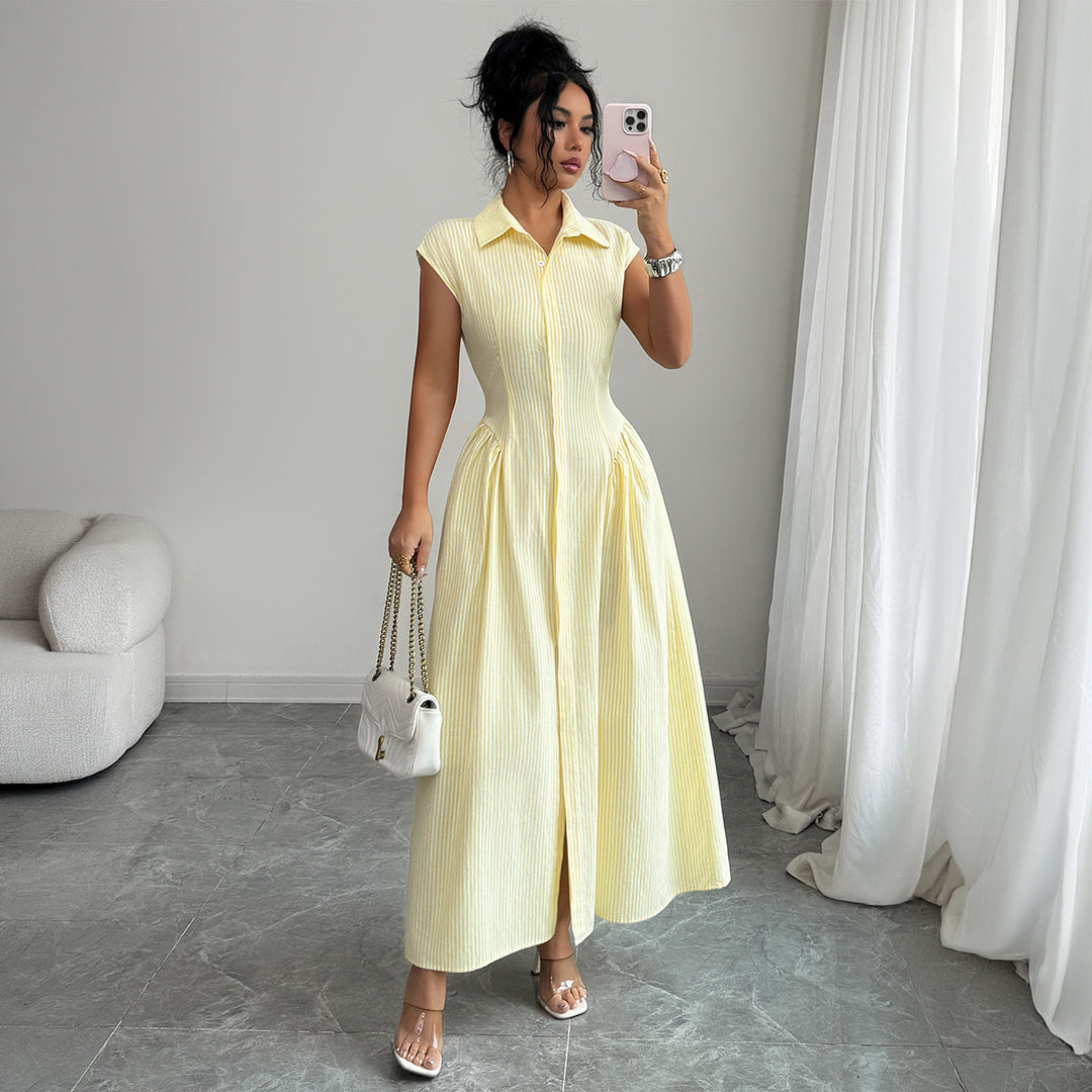 Damen Maxikleid mit klassischem Hemdblusen-Design und eleganten Falten EB