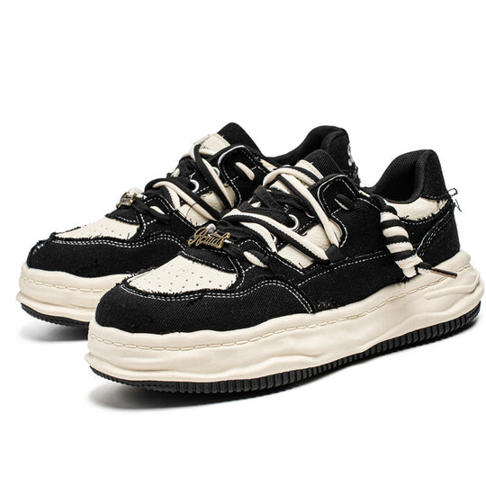 Damen denim-Plateau-Sneaker mit kontrastnähten, wattierter Wellenlaufsohle und verzierten Schnürdetails EB