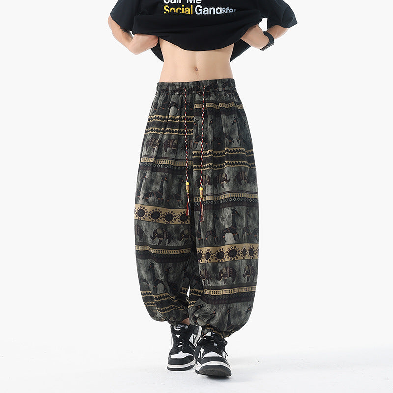 Damen nan lässige Pluderhose im Ethno-Print mit elastischem Bund, Kordelzug und gesmokten Bündchen EB