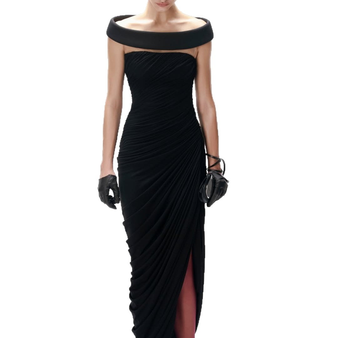 Damen Elegantes, schulterfreies Maxikleid mit raffinierten Drapierungen und hohem Schlitz EB