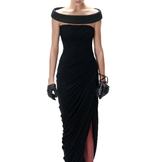 Damen Elegantes, schulterfreies Maxikleid mit raffinierten Drapierungen und hohem Schlitz EB
