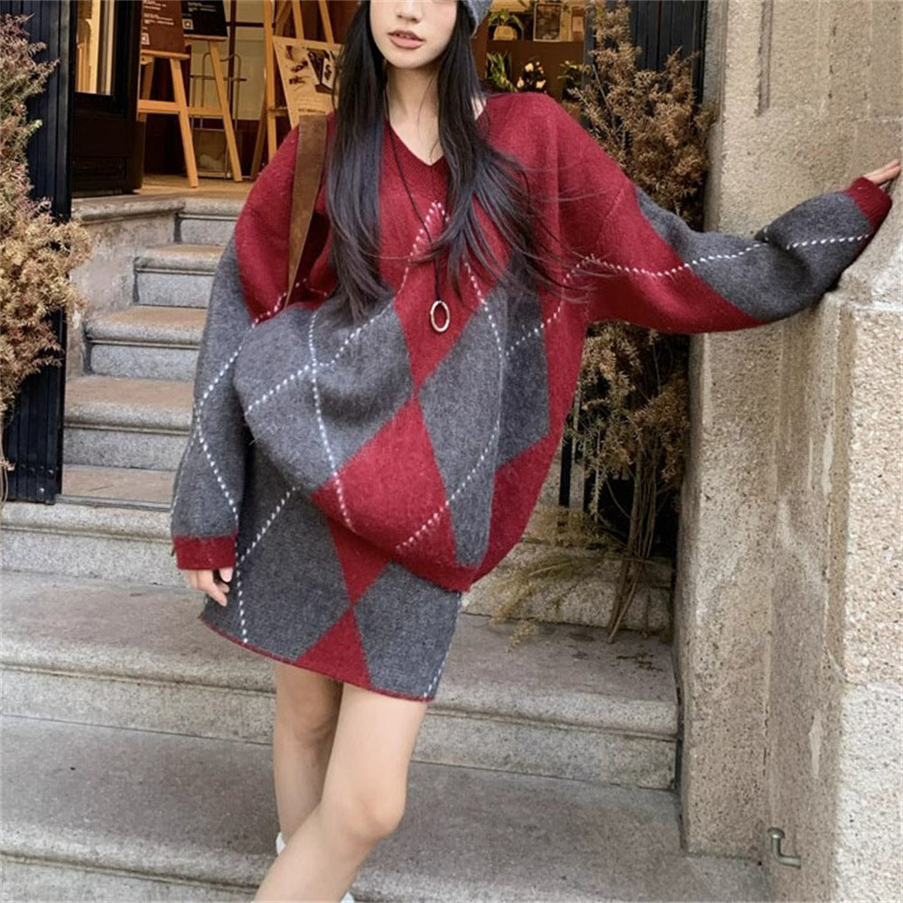 Damen Skandinavisches Strickensemble mit V-Ausschnitt und Rautenmuster EB