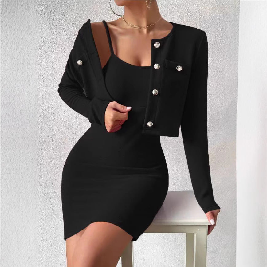 Damen elegantes Jumpsuit-Set mit taillierter Jacke und schimmernden Knöpfen EB