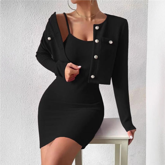 Damen elegantes Jumpsuit-Set mit taillierter Jacke und schimmernden Knöpfen EB