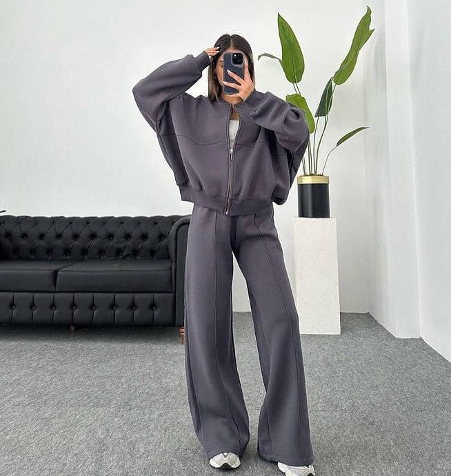 Damen nan Oversize Reißverschlussjacke mit weiter High-Waist Loungehose Set EB