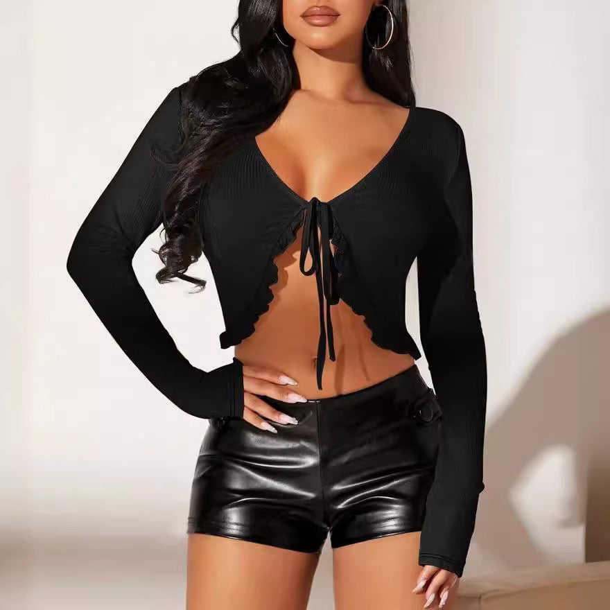 Damen kurzärmeliges Crop-Top mit verspieltem Kordelzug und Rüschendetails EB