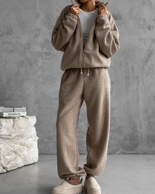 Damen gemütliches Fleece-Jogginganzug-Set mit Kapuze und elastischem Bund EB