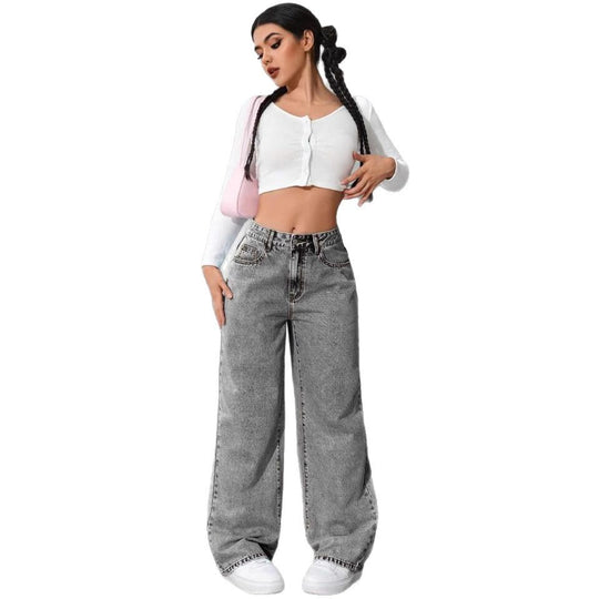 Damen Weit geschnittene Jeans mit kräftigen Kontrastnähten und verspielt gestickten Taschen EB
