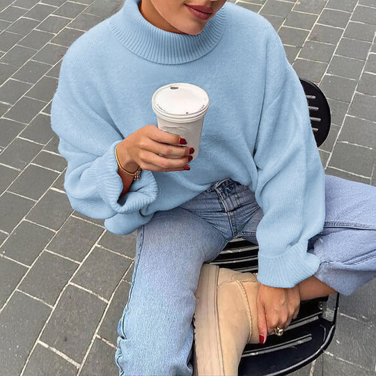 Damen nan oversize Rollkragenpullover mit breitem Rippkragen, voluminösen Ballonärmeln und verlängertem Bündchen EB