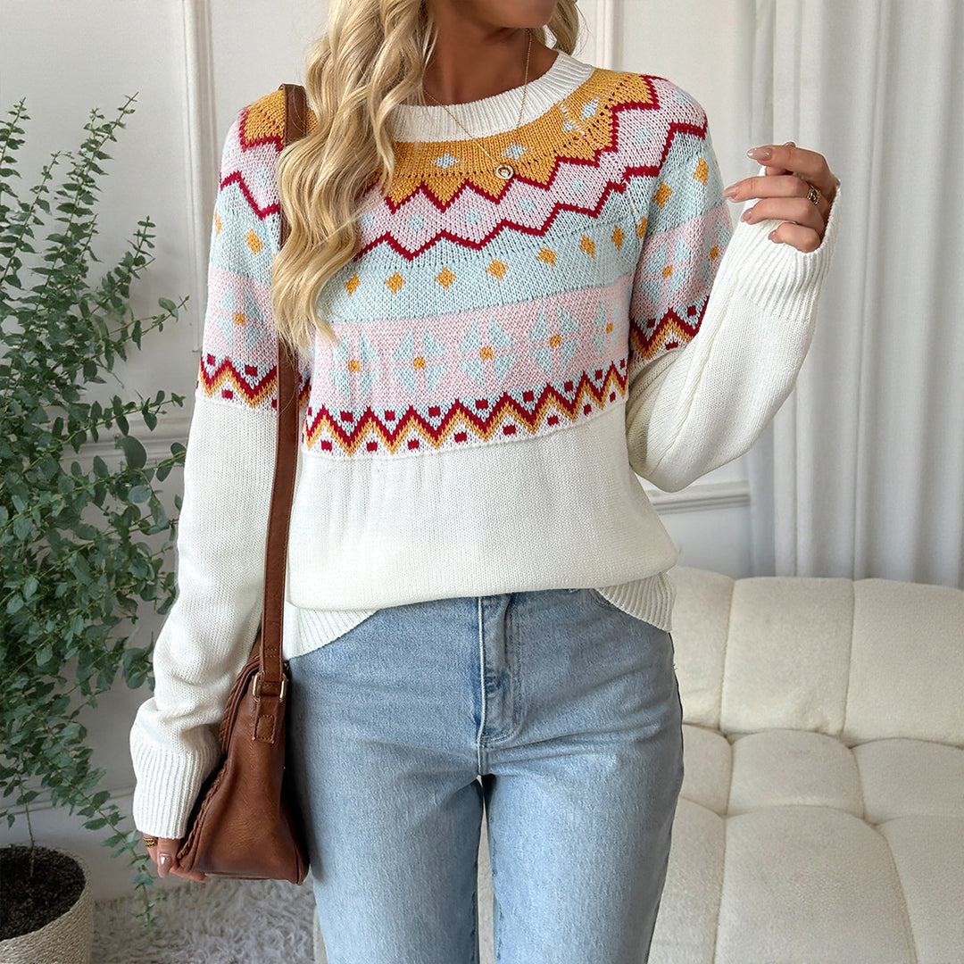 Damen Strickpullover mit traditionellem Muster und überschnittenen Schultern EB