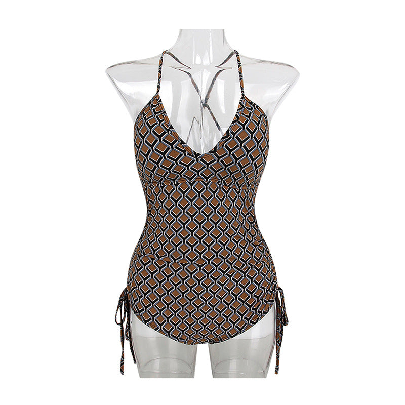 Damen Einteiliger Badeanzug mit verstellbarem Schnürdetail und geometrischem Design EB
