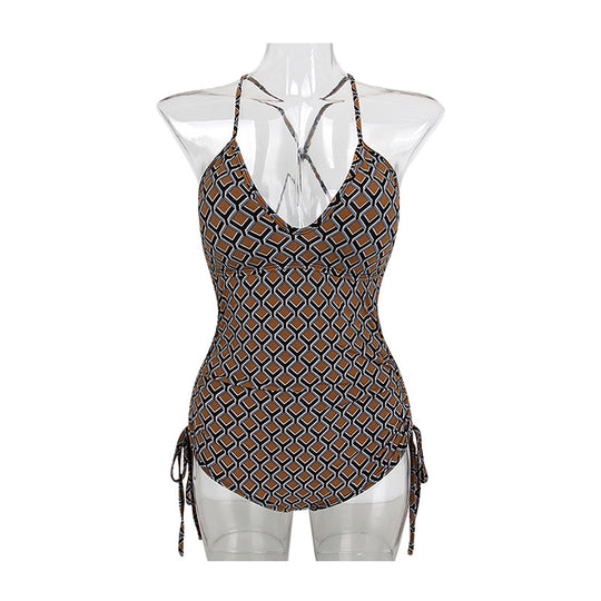 Damen Einteiliger Badeanzug mit verstellbarem Schnürdetail und geometrischem Design EB