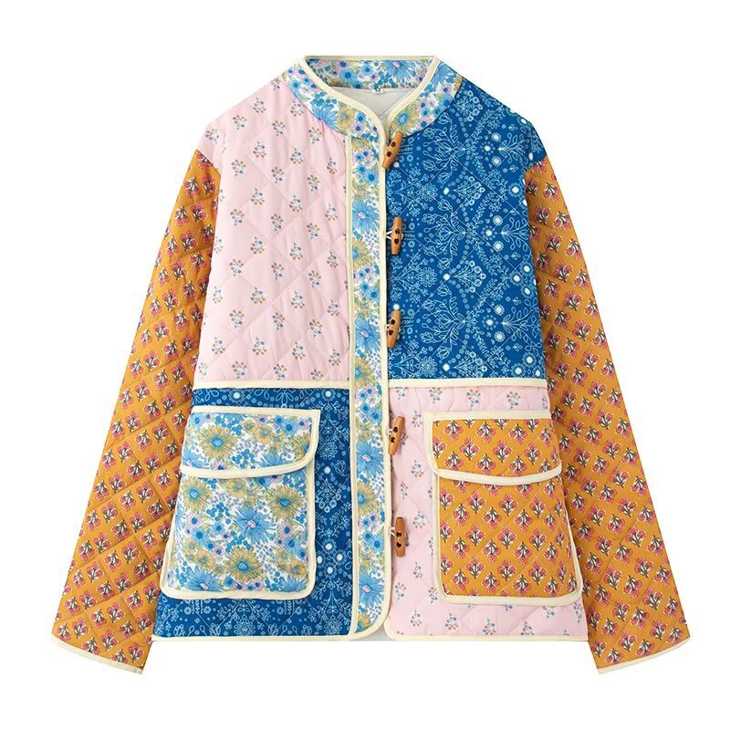 Damen gesteppte Übergangsjacke mit floralen Mustern und großen Taschen EB
