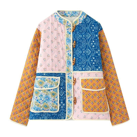 Damen gesteppte Übergangsjacke mit floralen Mustern und großen Taschen EB