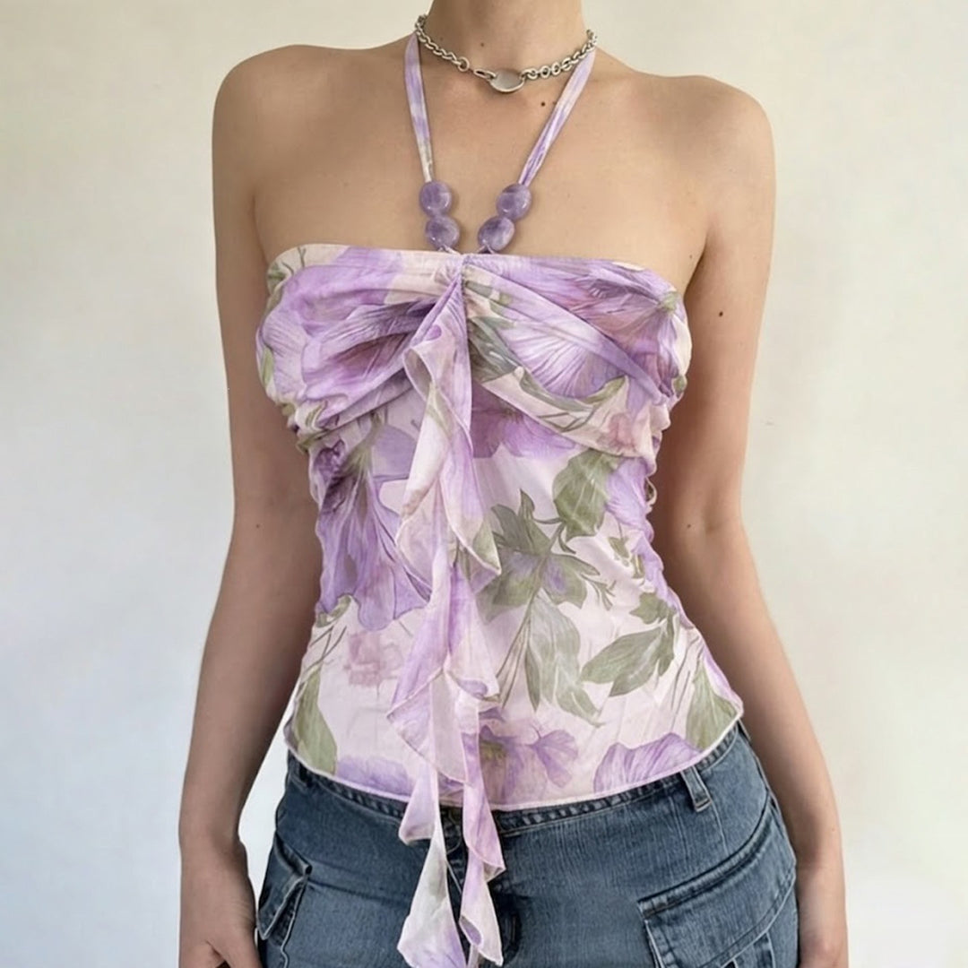 Damen Spaghetti-Trägertop mit floralen Einsätzen und transparenten Rüschen EB