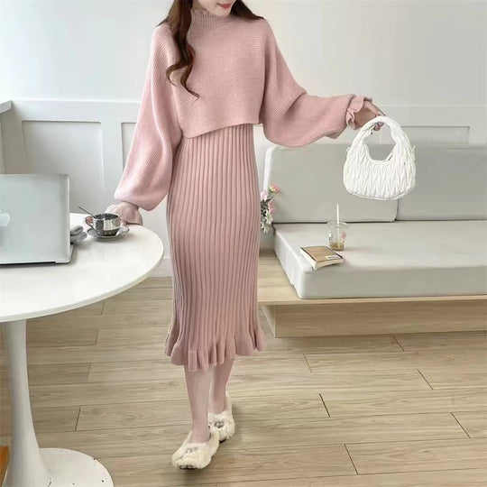 Damen Strickkleid mit hochgeschlossenem Kragen und Rippstruktur EB