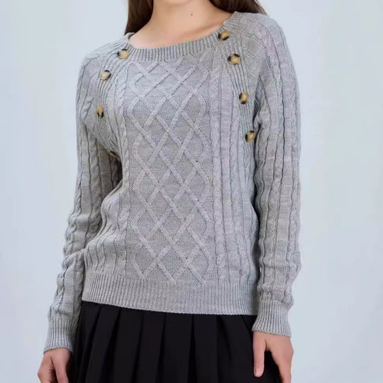 Damen Strickpullover mit klassischem Rautenmuster und dekorativen Knöpfen EB