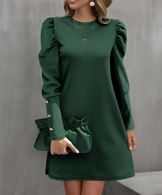 Damen nan elegantes A-Linien Minikleid mit gerafften Puffärmeln und dekorativen Manschettenknöpfen EB