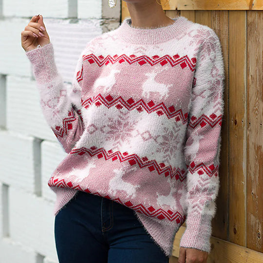 Damen gemütlicher Weihnachtspullover mit festlichem Rentierdesign EB