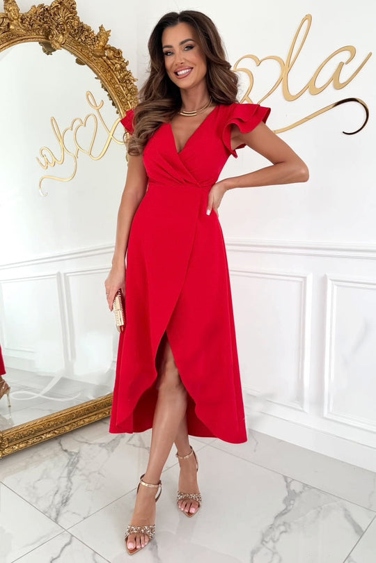 Damen Wickelkleid mit Rüschendetails und hoher Schlitz EB
