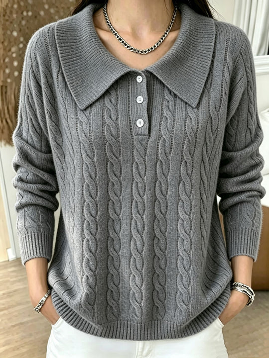 Damen Kabelstrick-Polo-Pullover mit großem Umlegekragen und lockerer Silhouette EB