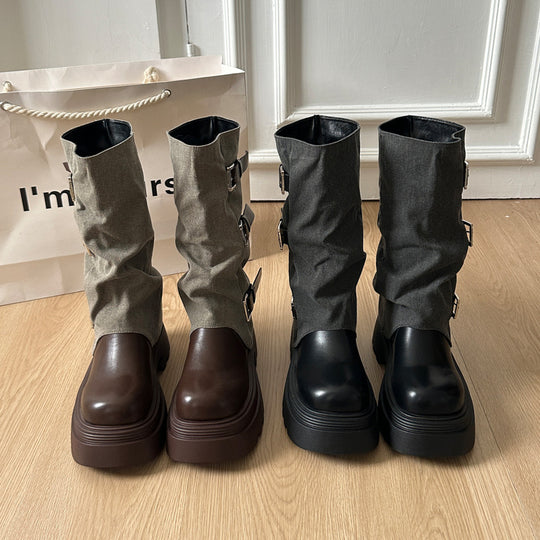 Damen Boots mit modischer Schnallenverzierung und robustem Plateau-Heel EB