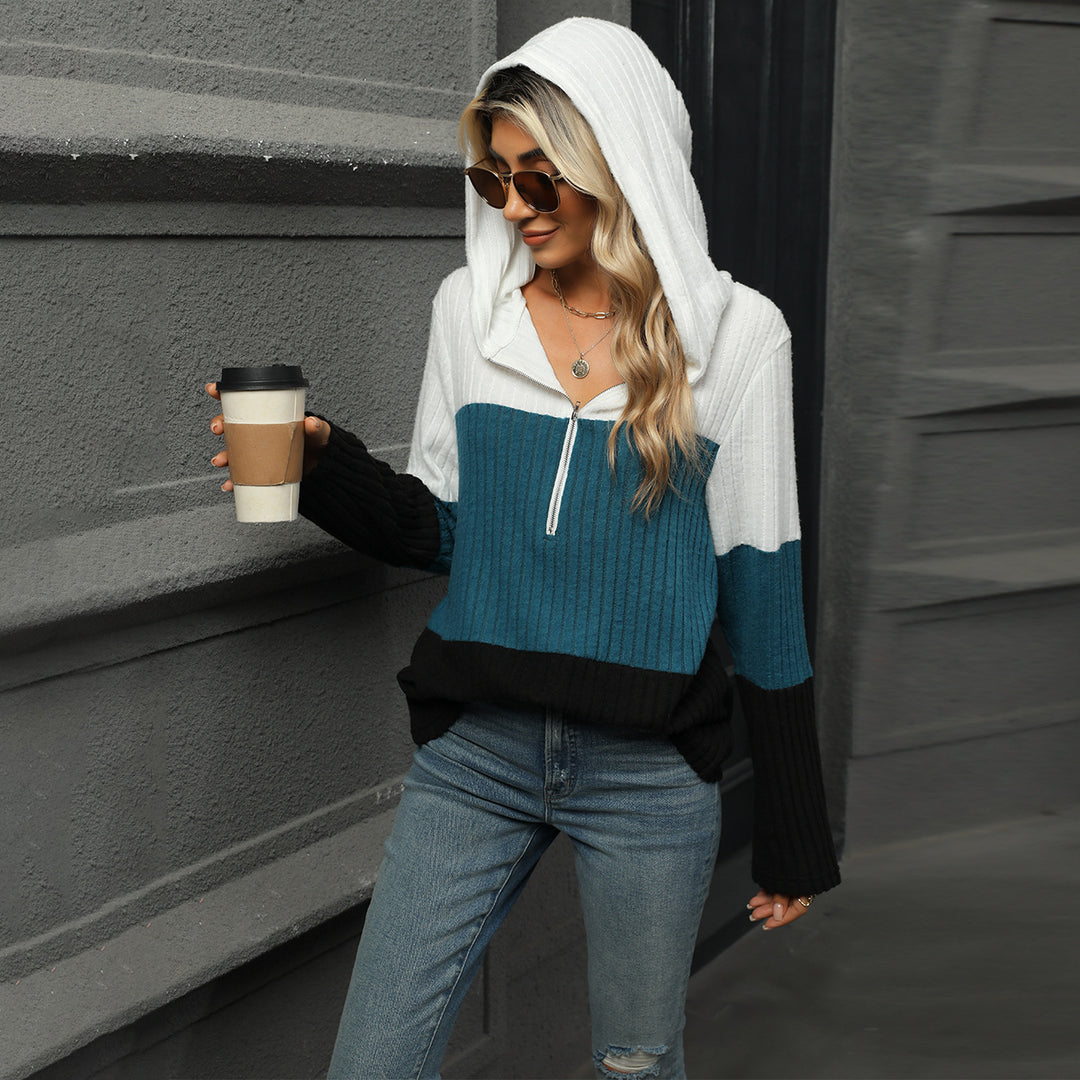 Damen Lässiger Pullover mit hohem Kragen und kontrastierenden Streifen EB