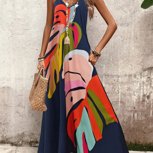 Damen Maxi Kleid mit buntem Pflanzenmuster EB