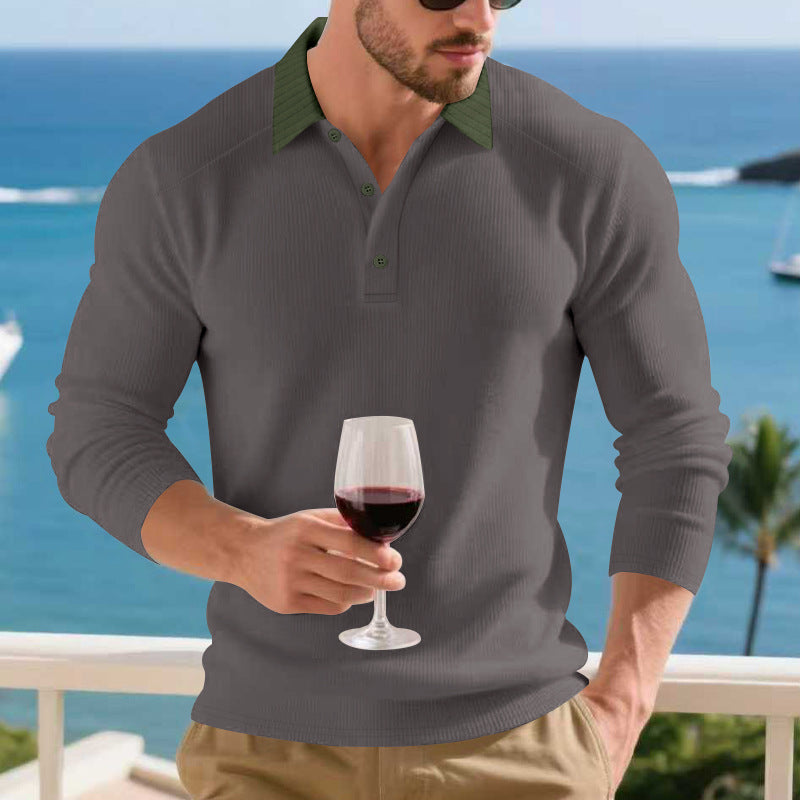 Herren Langarm Poloshirt mit strukturiertem Design und kontrastierendem Stehkragen EB
