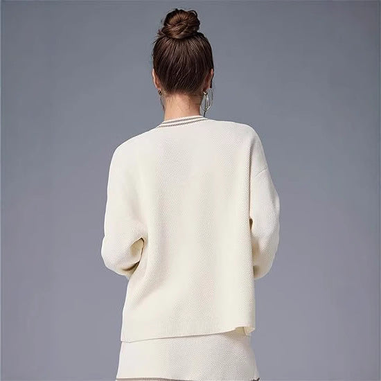 Damen lässiger Strickcardigan mit Kontraststreifen und Taschen EB