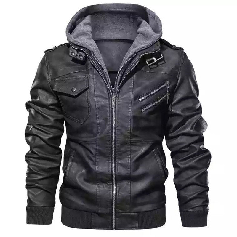 Herren Bikerjacke im Vintage-Look mit abnehmbarer Kapuze und vielseitigen Taschen EB