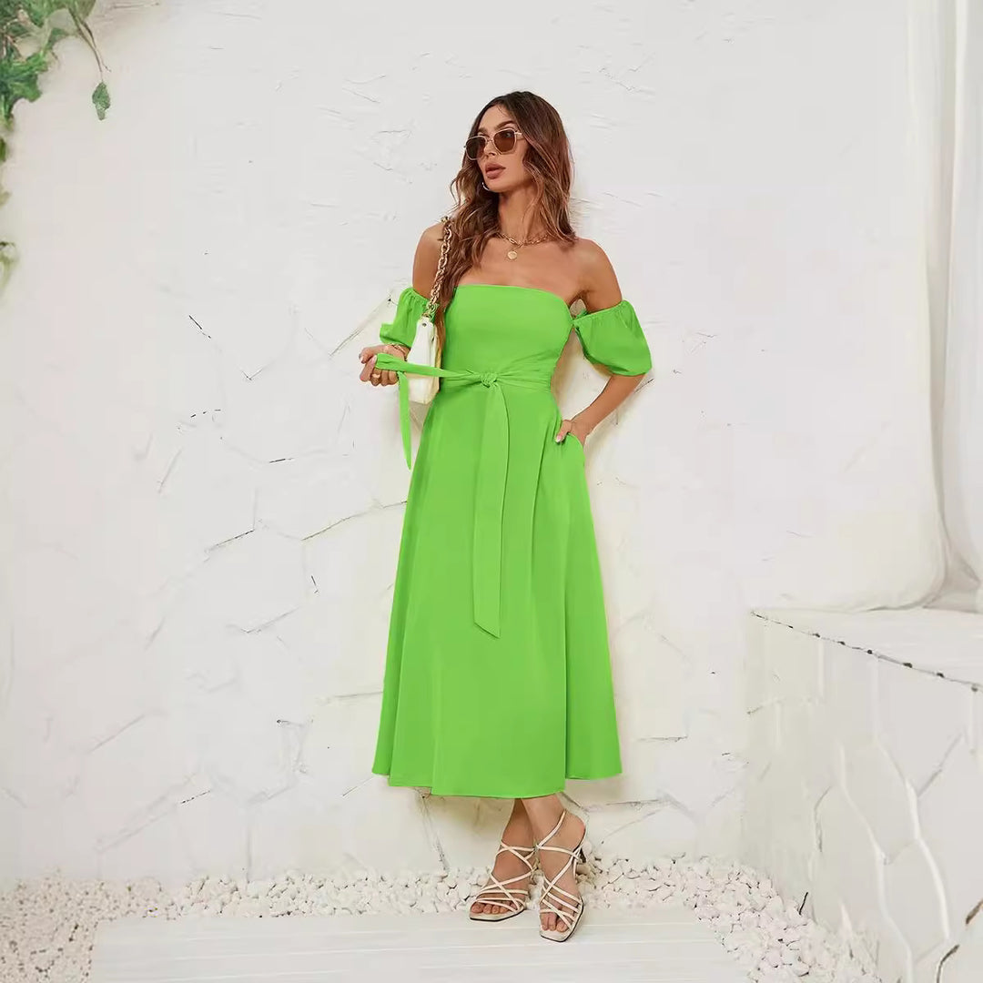 Damen Off-Shoulder Maxikleid mit geknotetem Taillengürtel EB