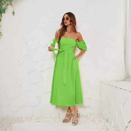 Damen Off-Shoulder Maxikleid mit geknotetem Taillengürtel EB