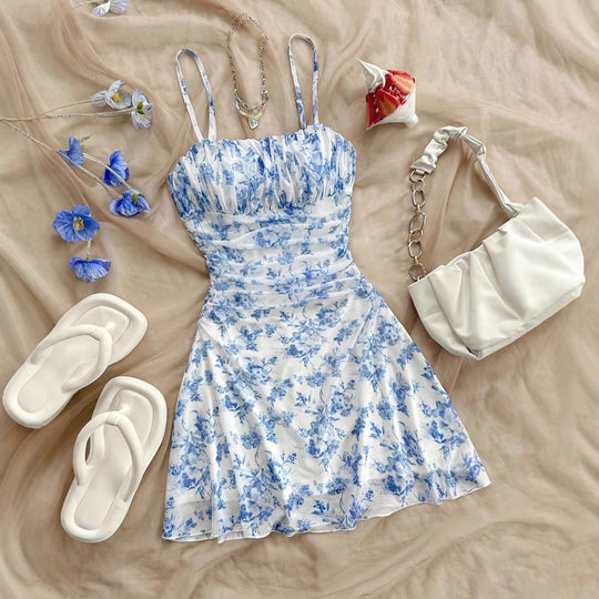 Damen Sommerliches Blumenkleid mit Spaghetti-Trägern und Raffungen EB