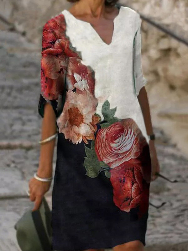 Damen nan lässiges Leinenkleid mit V-Ausschnitt und floralem Allovermuster, knielang mit dreiviertelärmeln EB