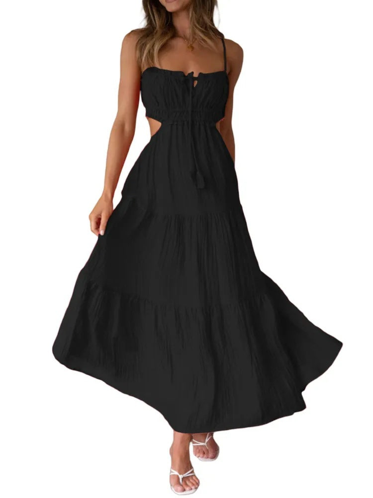 Damen luftiges Maxikleid mit Rüschendetails und verstellbarem Taillenband EB