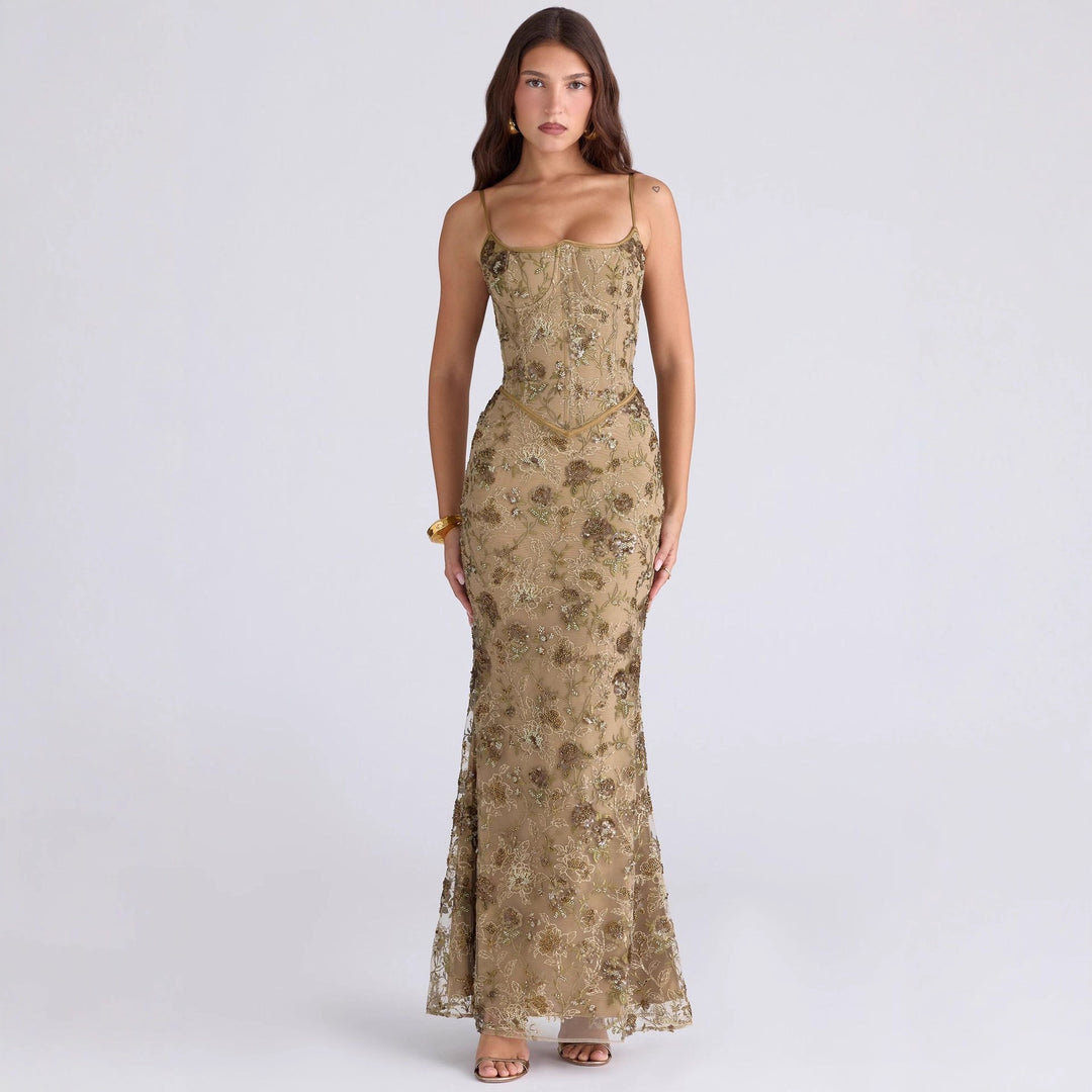 Damen nan besticktes Corsagenabendkleid mit transparenter Spitze und figurbetonter Silhouette EB