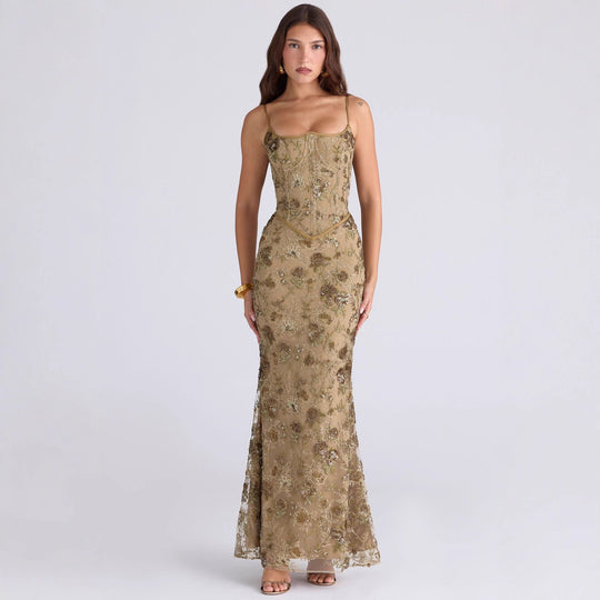 Damen nan elegantes besticktes Abendkleid mit Korsettoberteil und transparentem Spitzenüberzug EB