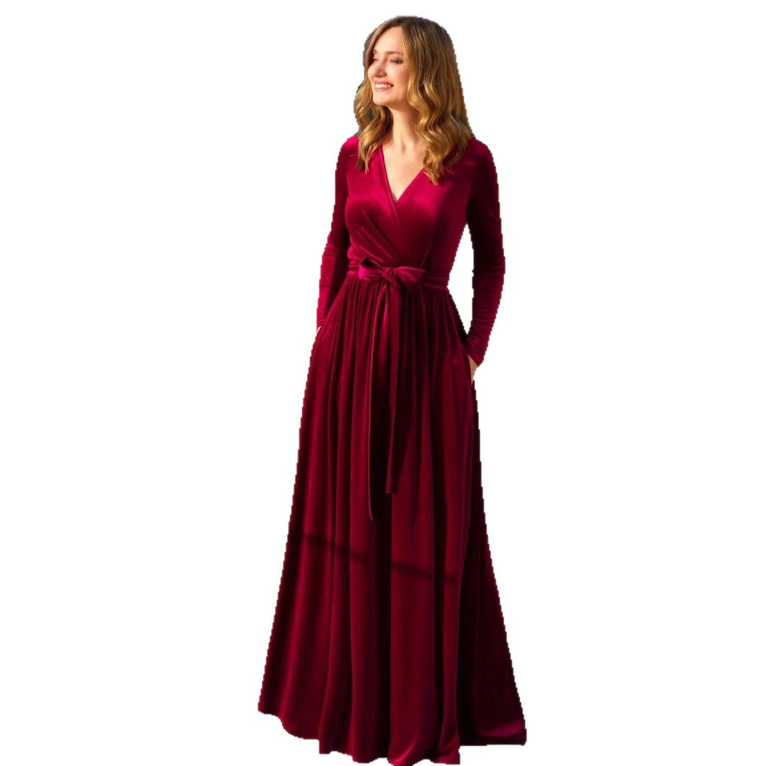 Damen nan elegantes Wickelmaxikleid aus Samt mit V-Ausschnitt, Taillengürtel und seitlichen Eingrifftaschen EB