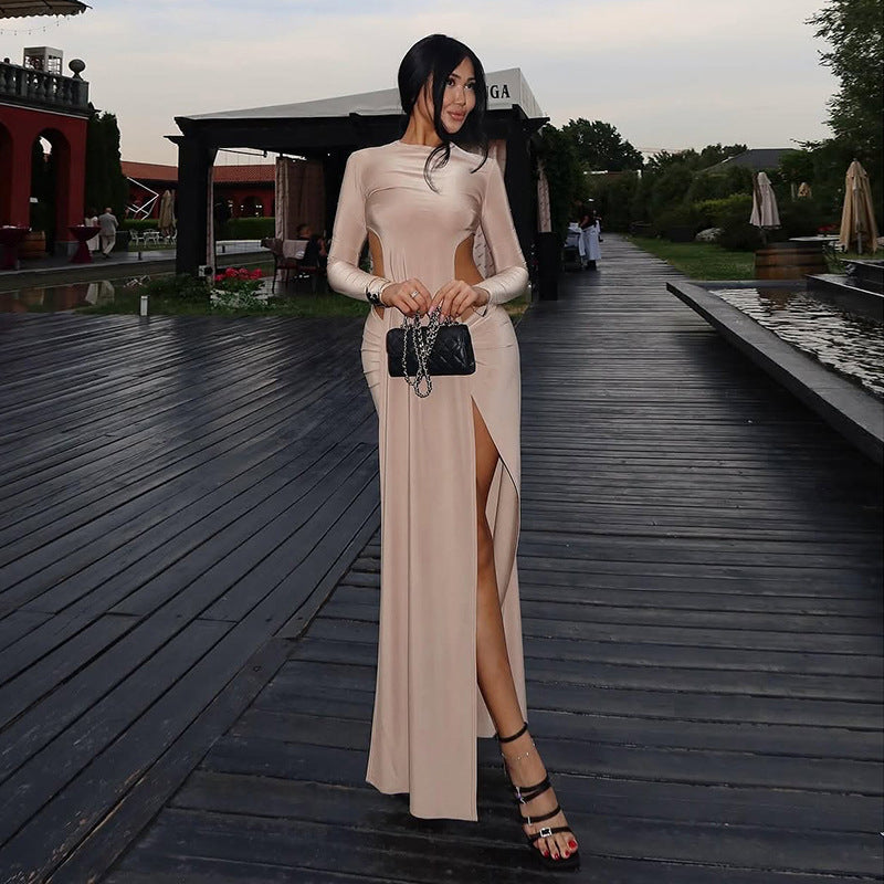 Damen Elegantes Maxikleid mit raffinierten Seitenschlitzen und langen Ärmeln EB