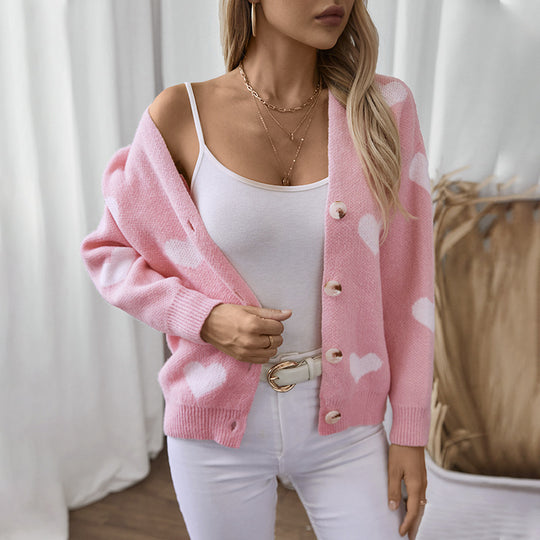 Damen modische Strickjacke mit Herzmotiven und Knöpfen EB