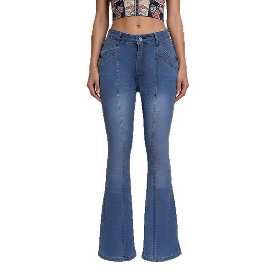 Damen nan hochgeschnittene taillierte Flared-Jeans mit mittiger Nahtführung und figurformender Hüftpartie EB