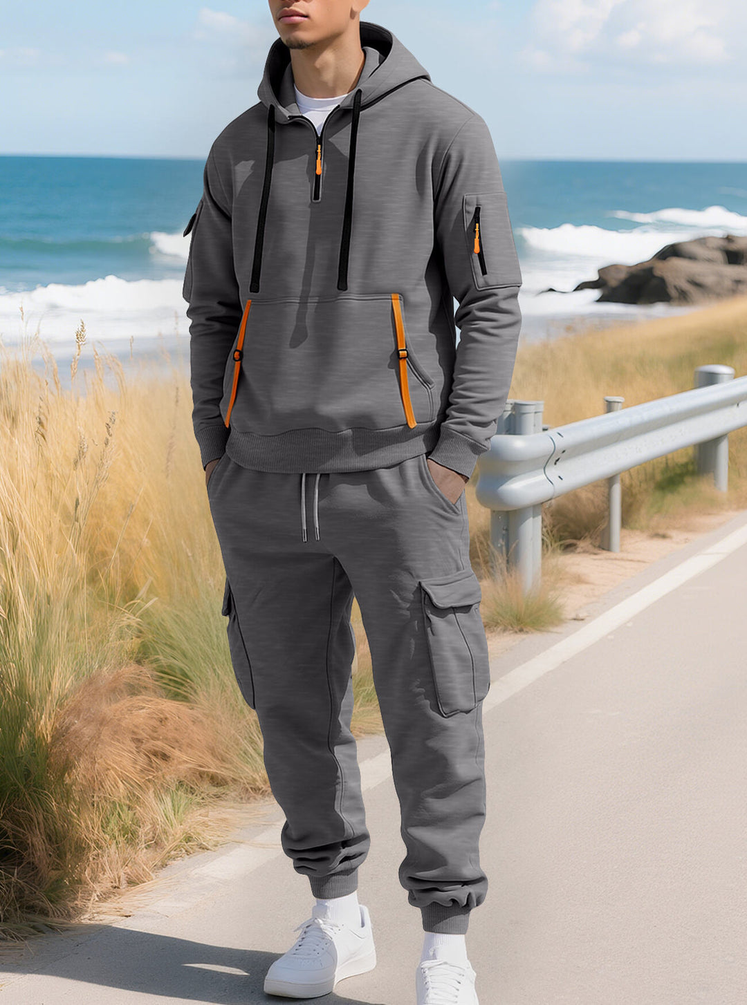 Herren nan lässiger Halbzip Hoodie mit Kängurutasche und Cargo Jogginghose mit Reißverschlussdetails EB