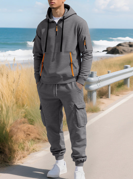 Herren nan lässiger Halbzip Hoodie mit Kängurutasche und Cargo Jogginghose mit Reißverschlussdetails EB