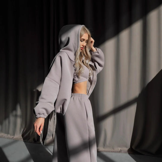 Damen gekürztes Scuba-Hoodie mit oversized Kapuze und elastischer High‑Waist Jogginghose Eichborn Berlin