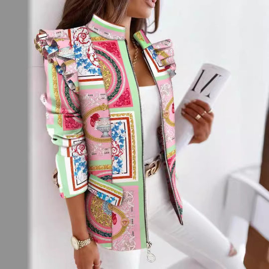 Damen nan Leo-Blouson mit Volantärmeln, Stehkragen und Zipper-Front EB