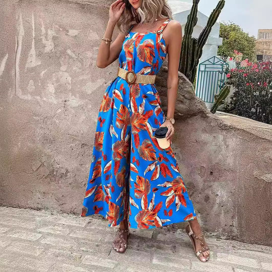 Damen lässiger Jumpsuit mit floralen Prints und breiten Beinen EB